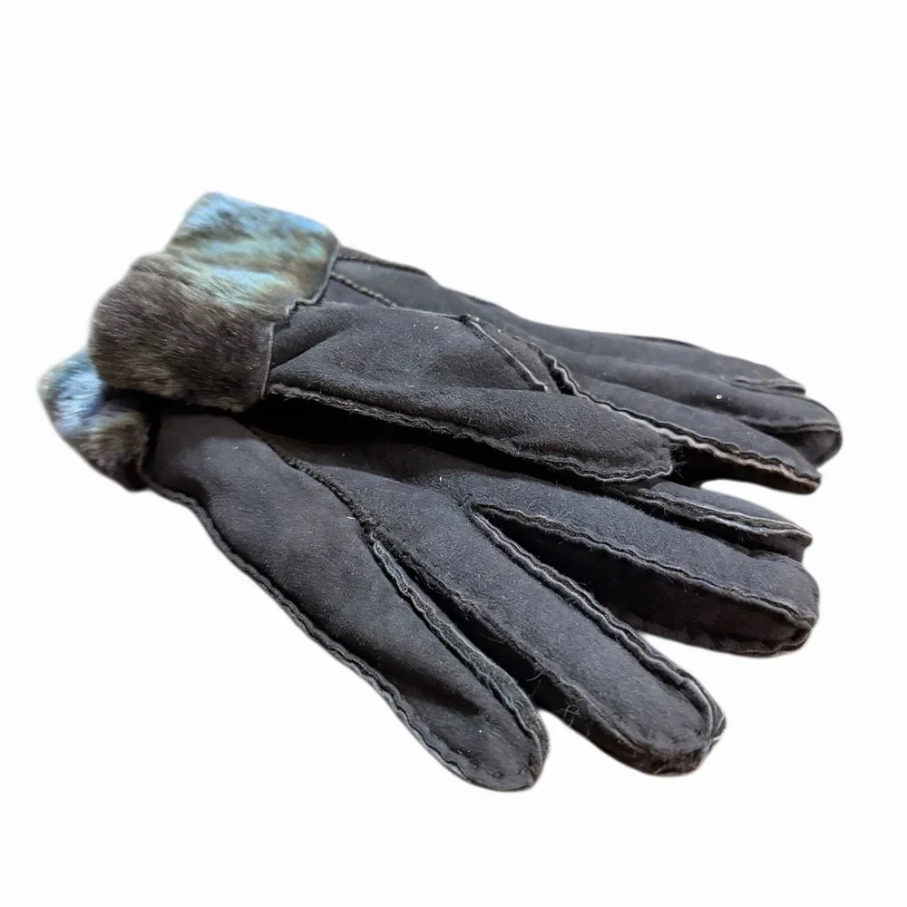 Black Genuine Lamb Fur Skin Shearling Suede Gloves with Blue Teal Trim